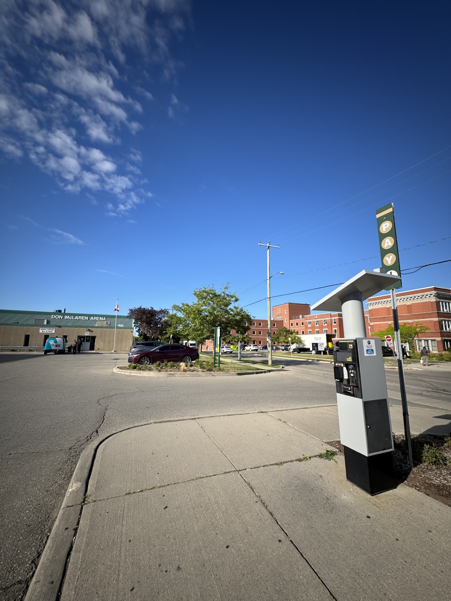 A parking meter stands on a sidewalk near a tree, with buildings and a blue sky in the background.