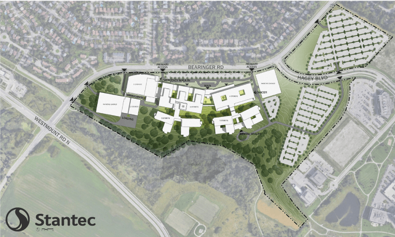 Aerial site plan showing labeled buildings, roads, and green spaces; Stantec logo in bottom left corner.
