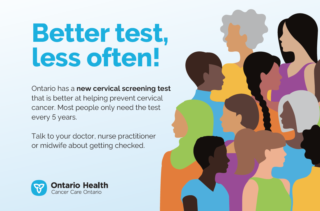 Postcard promoting Ontario’s new cervical screening test, highlighting that it is more effective, checks for HPV, and is needed every five years.