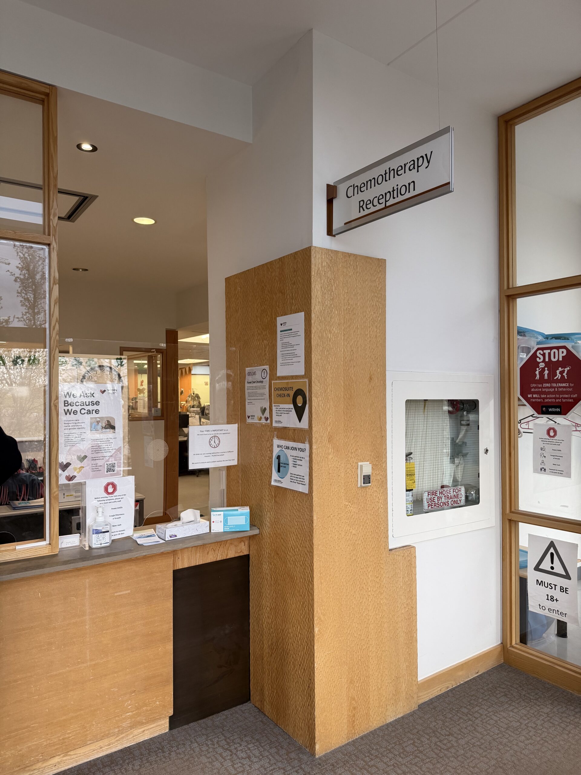 Check-In Desk at the systemic suite in WRHN Cancer Centre.